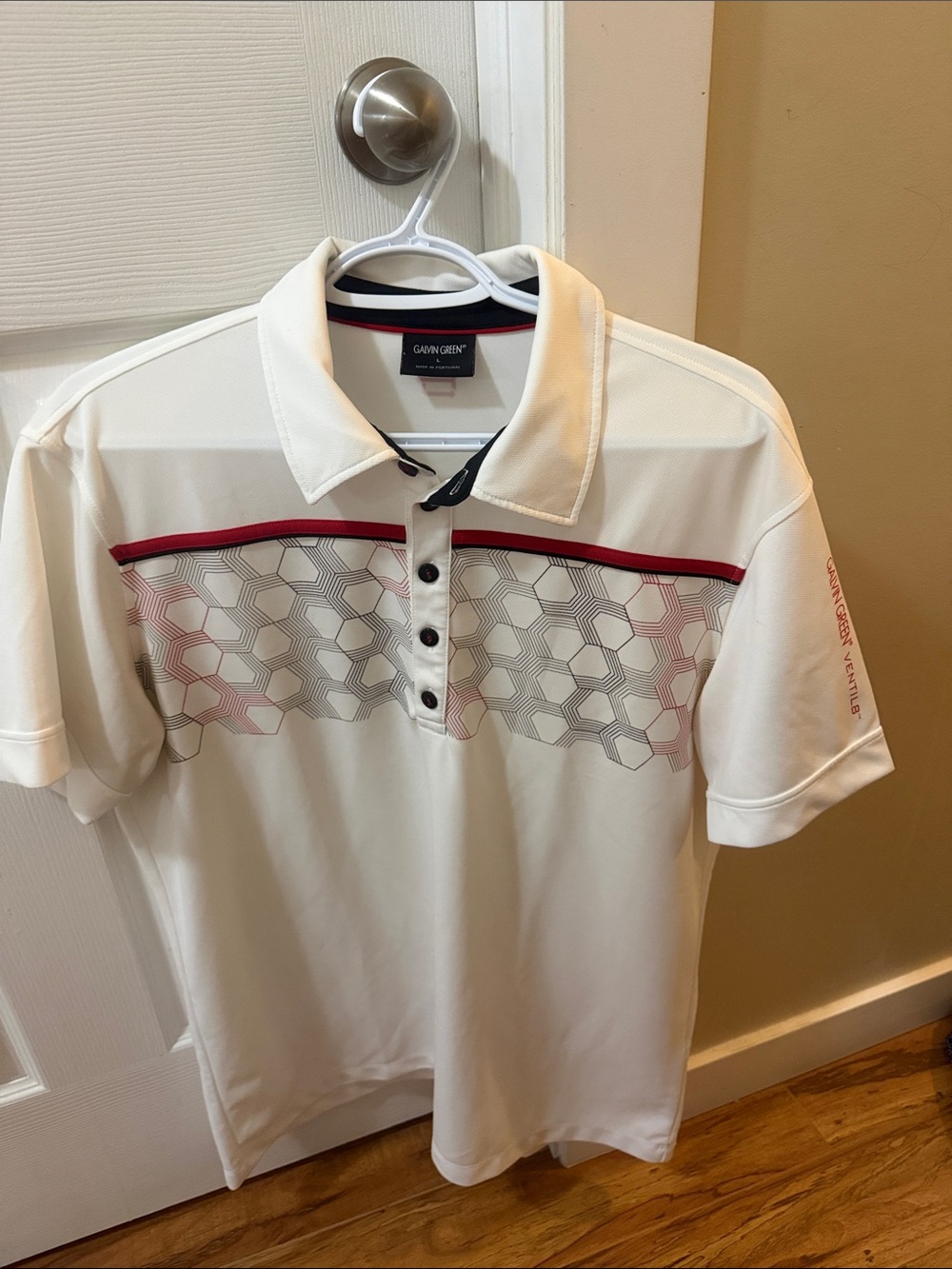 Gavin Green Men’s White Polo with Grey Hex Print and Red Trim